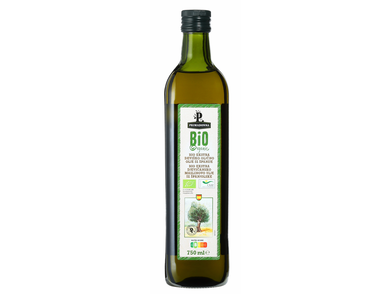 Primadonna Bio Organic ekstra deviško oljčno olje iz Španije, 750ml steklenica z Nutri-Score A