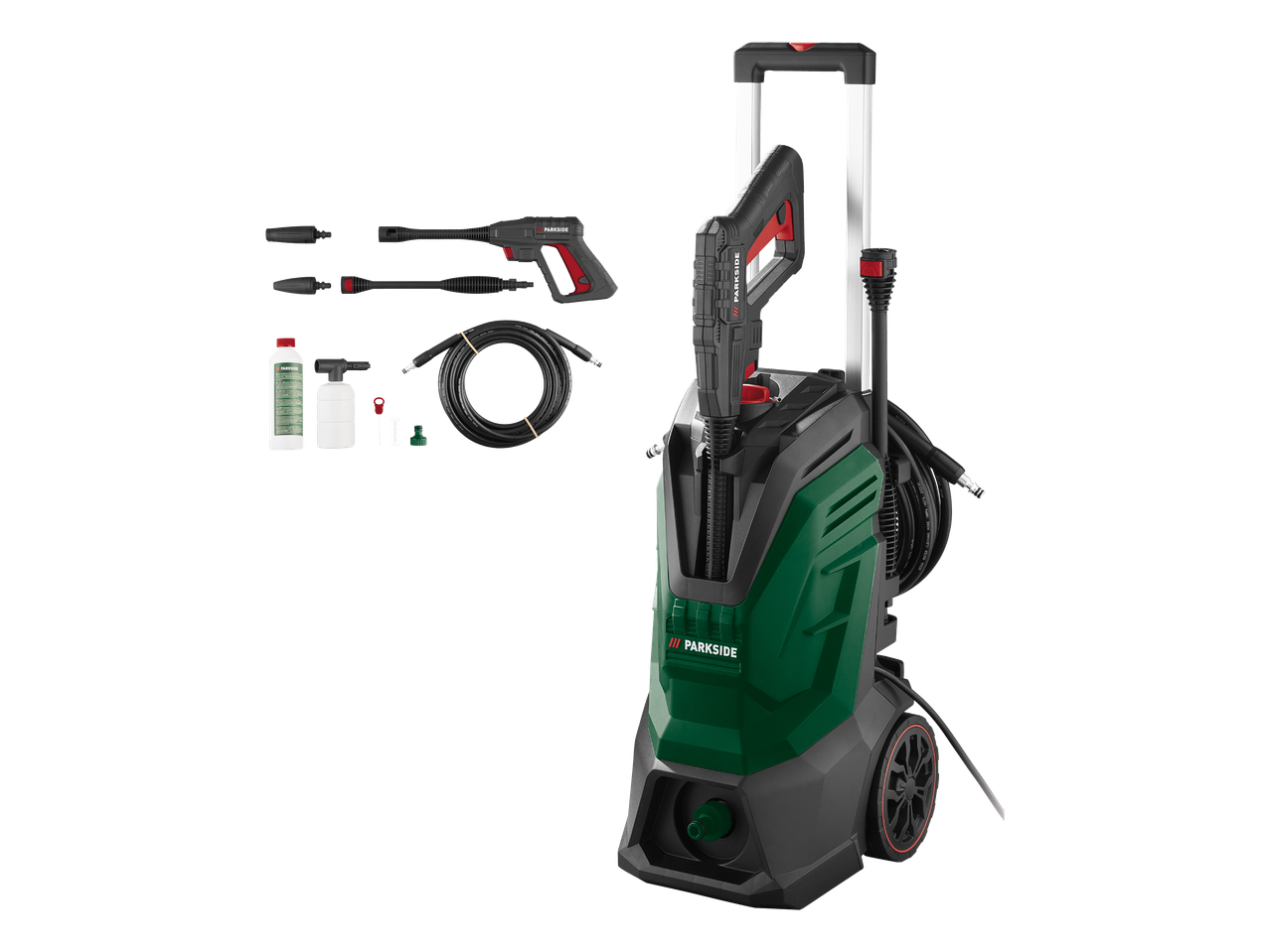 Visokotlačni perač s kotačima, pištoljem, crijevom i priborom za čišćenje.