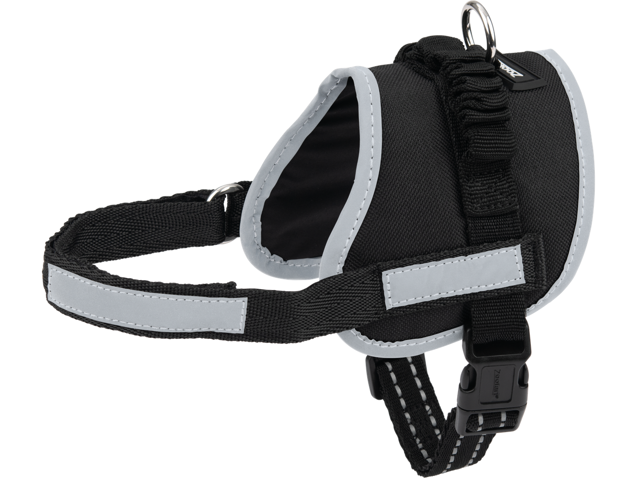 Zoofari black dog harness with reflective strips and metal D-ring.