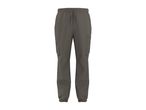 Dark grey cargo pants with an elastic waistband and drawstring, featuring side and cargo pockets.