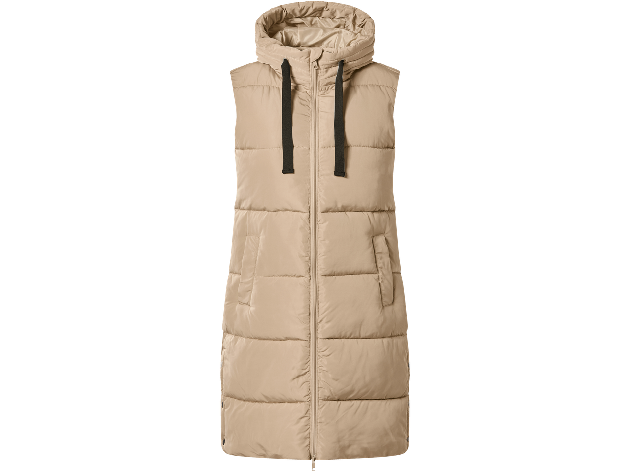 Pikk beež polsterdatud vest kapuutsi ja lukuga.