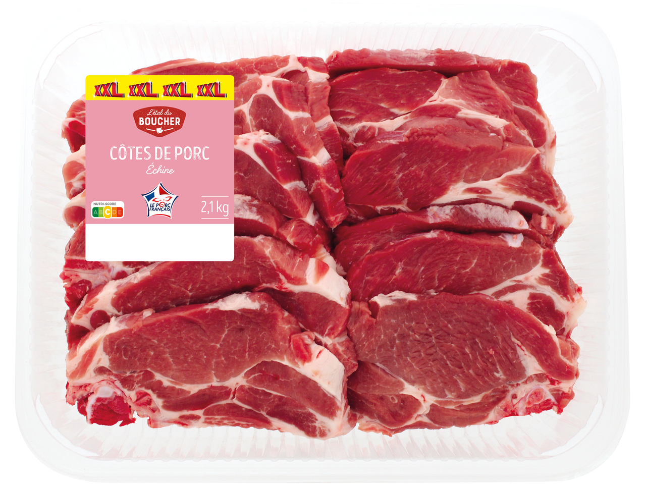 Barquette de côtes de porc échine, 2,1 kg, avec Nutri-Score et logo Le Porc French.