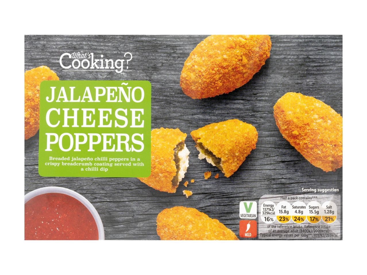 Jalapeño cheese poppers with a chilli dip, vegetarian and mild, with nutritional information.