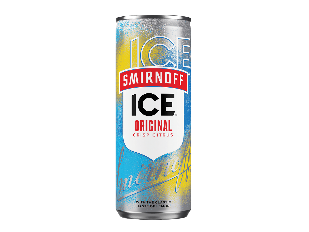 Lata de Smirnoff Ice Original Crisp Citrus, com design salpicado em azul e amarelo.