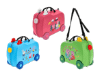 Drei Kinderkoffer in Pink, Blau und Grün mit verschiedenen Tiermotiven und Texten.