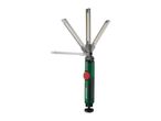 Green and black work light with multiple adjustable LED panels and a red button