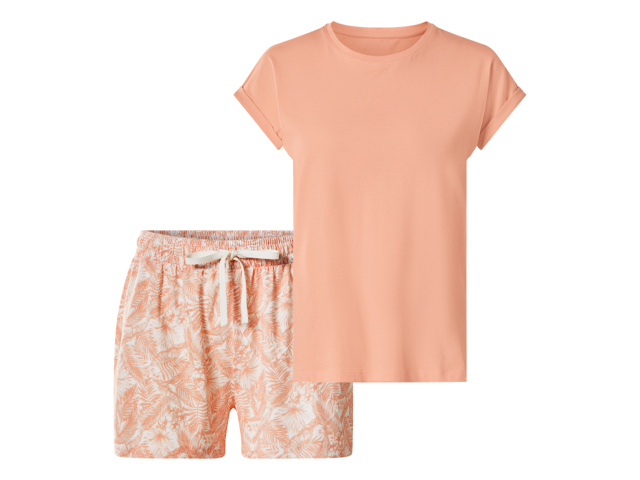 Breskvasta majica kratkih rukava i kratke hlače s uzorkom lišća.