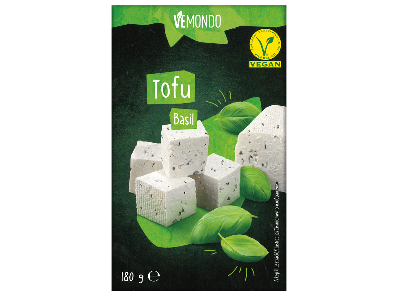 Опаковка тофу с босилек, с надпис „Tofu Basil“, 180 g, и веган етикет.