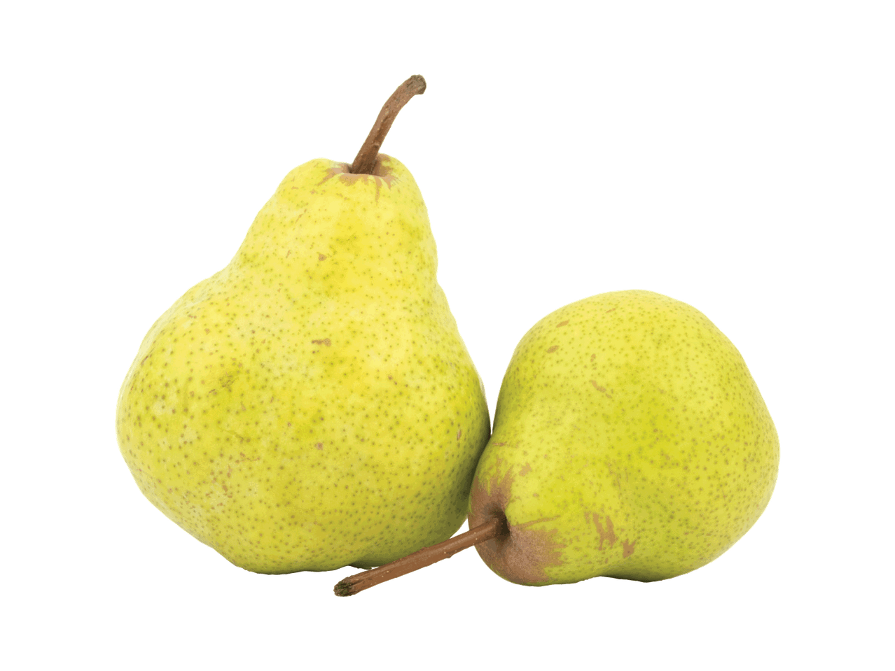 Dvi žalios kriaušės su koteliais juodame fone.