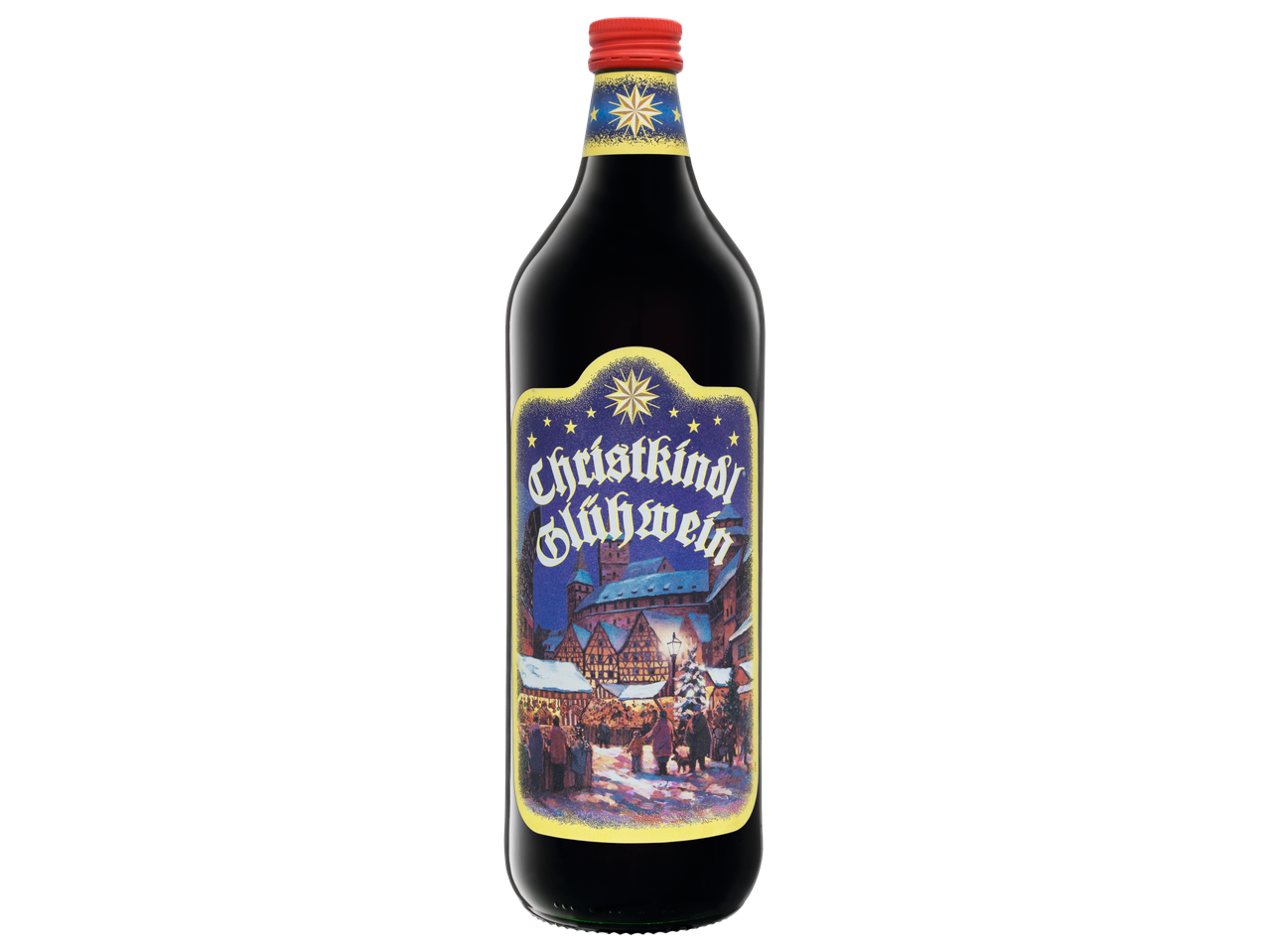 Sticlă de Glühwein Christkindl cu etichetă ilustrată cu o piață de Crăciun.