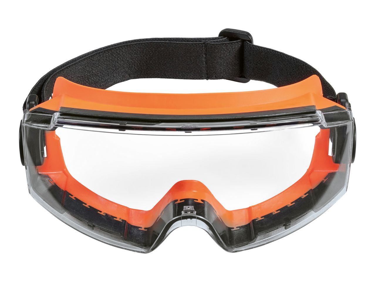 Safety glasses with an orange frame and black adjustable strap.