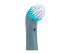 Close-up of a gray and teal electric cleaning brush head.