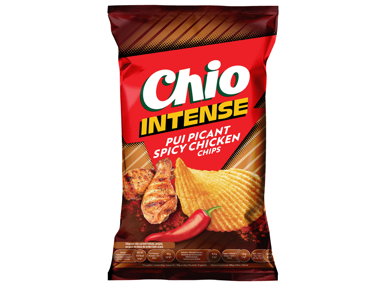 Пакет пикантен пилешки чипс с изображение на печено пилешко и лют червен пипер.