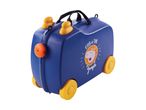 A blue children's rolling suitcase with cartoon animal design.