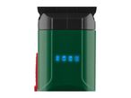 Close-up of a green power tool battery with four blue illuminated charge indicator lights.