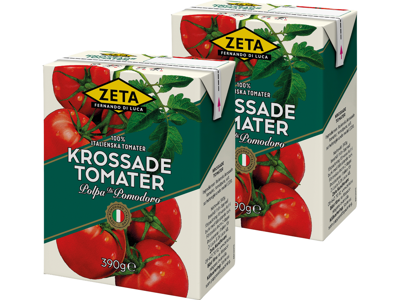 Två kartonger Zeta Fernando di Luca krossade tomater, 390g vardera.