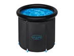 Black inflatable ice bath with blue water and a logo on the side.