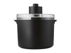 Black food processor with a clear lid and a central knob on a white background.