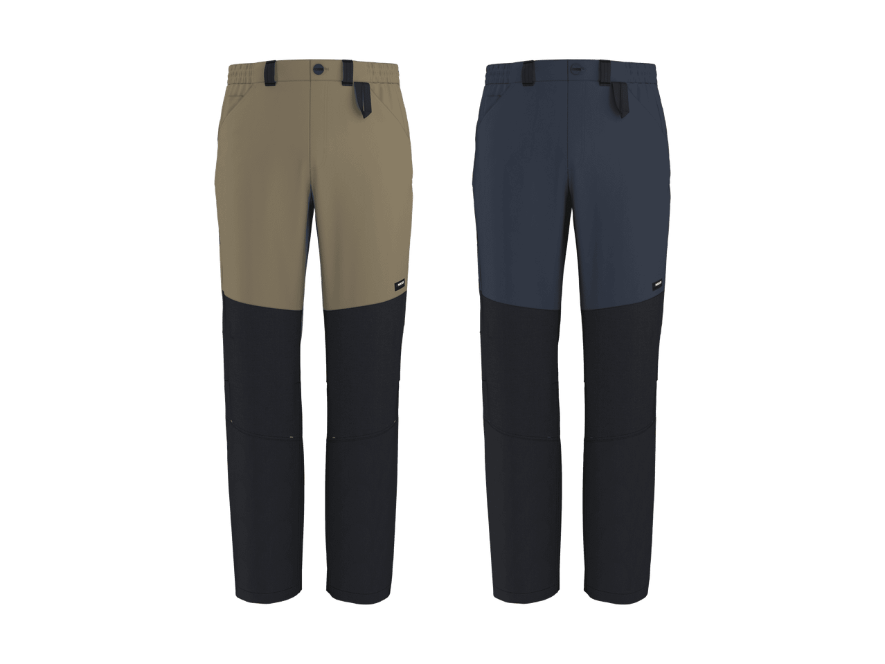 Deux pantalons de randonnée bicolores, l'un beige et noir, l'autre bleu foncé et noir.