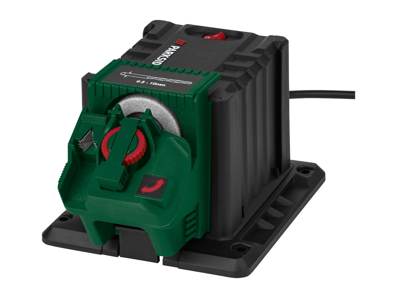 A drill bit sharpener in green and black, with a red power switch and a sharpening guide for 3-10mm drill bits.