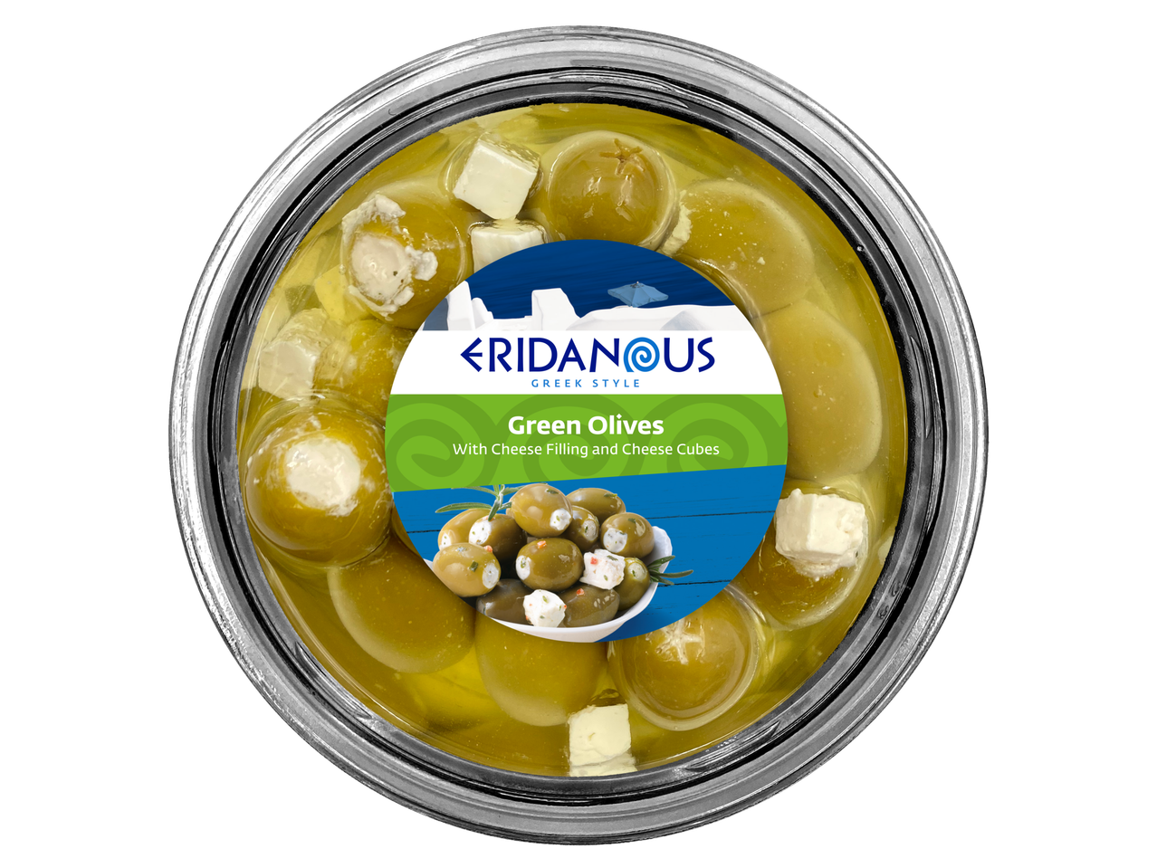 Olives vertes farcies au fromage et dés de fromage dans un récipient rond, style grec