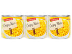 Trois boîtes de maïs croustillant Freshona avec une étiquette en forme de panneau en bois.