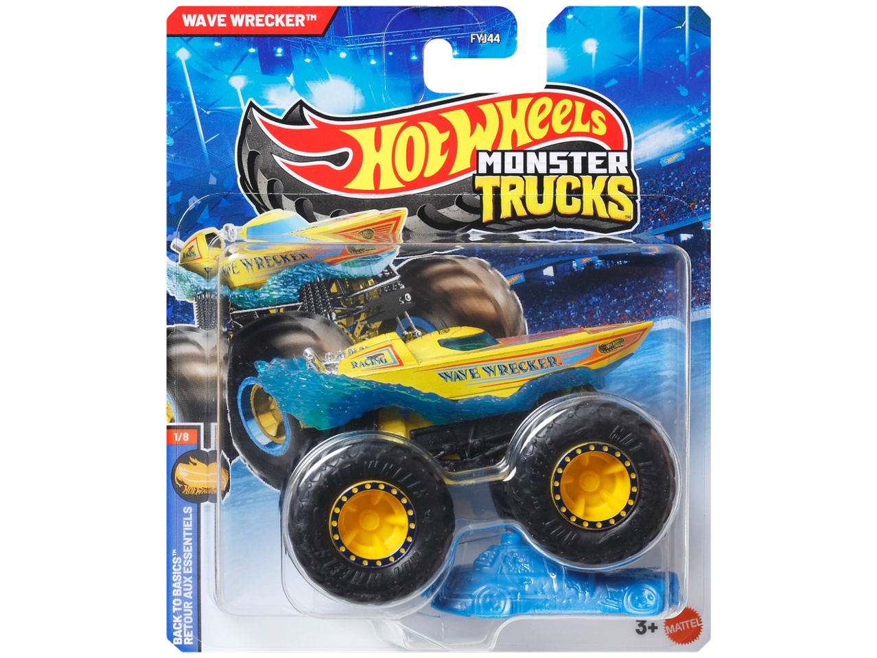 Hot Wheels Monster Trucks Wave Wrecker, geel voertuig met blauwe golven.