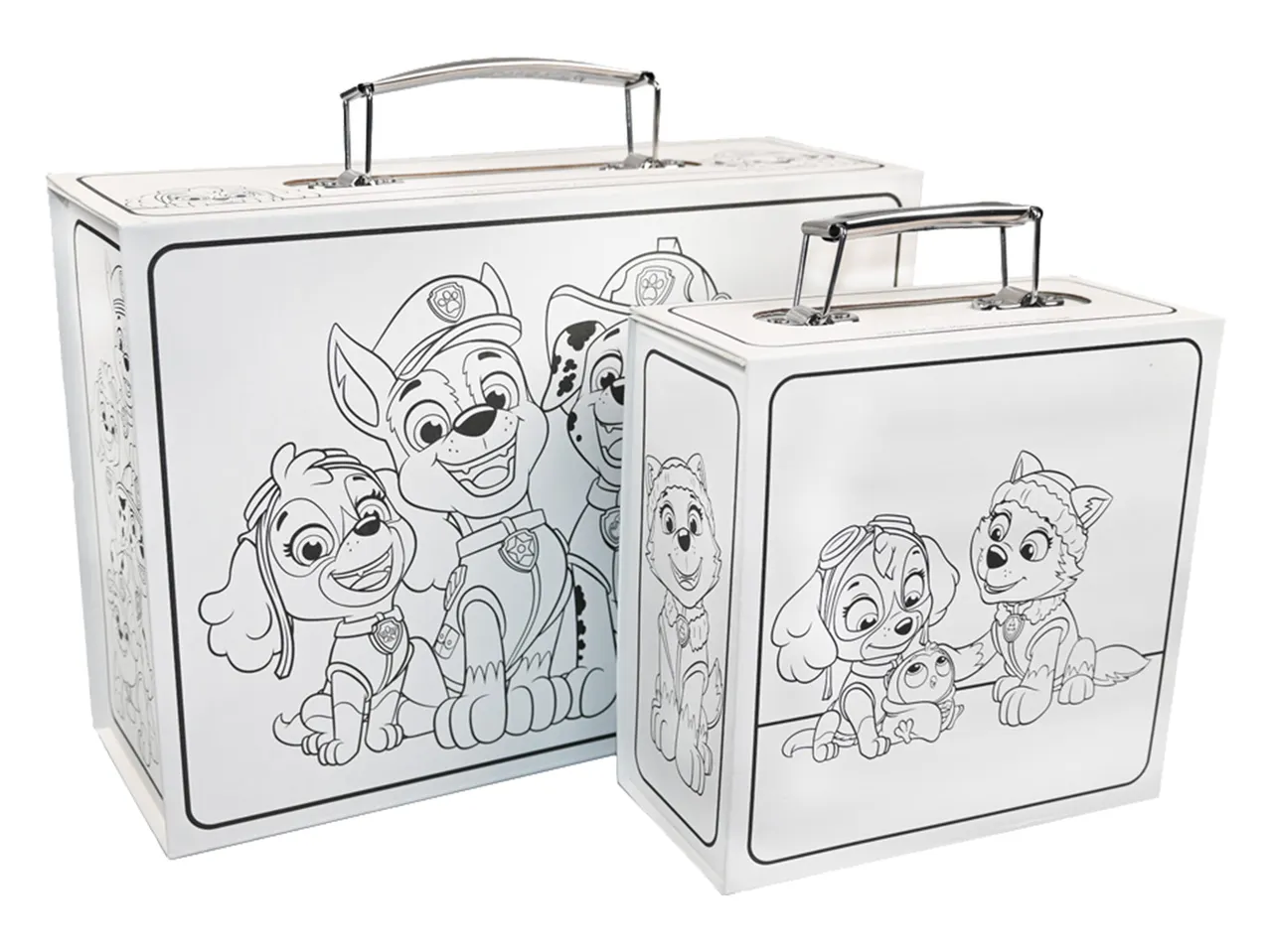 Twee witte koffers met Paw Patrol-personages om in te kleuren.
