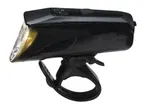Black bicycle headlight with a clear lens and a flexible mounting strap.