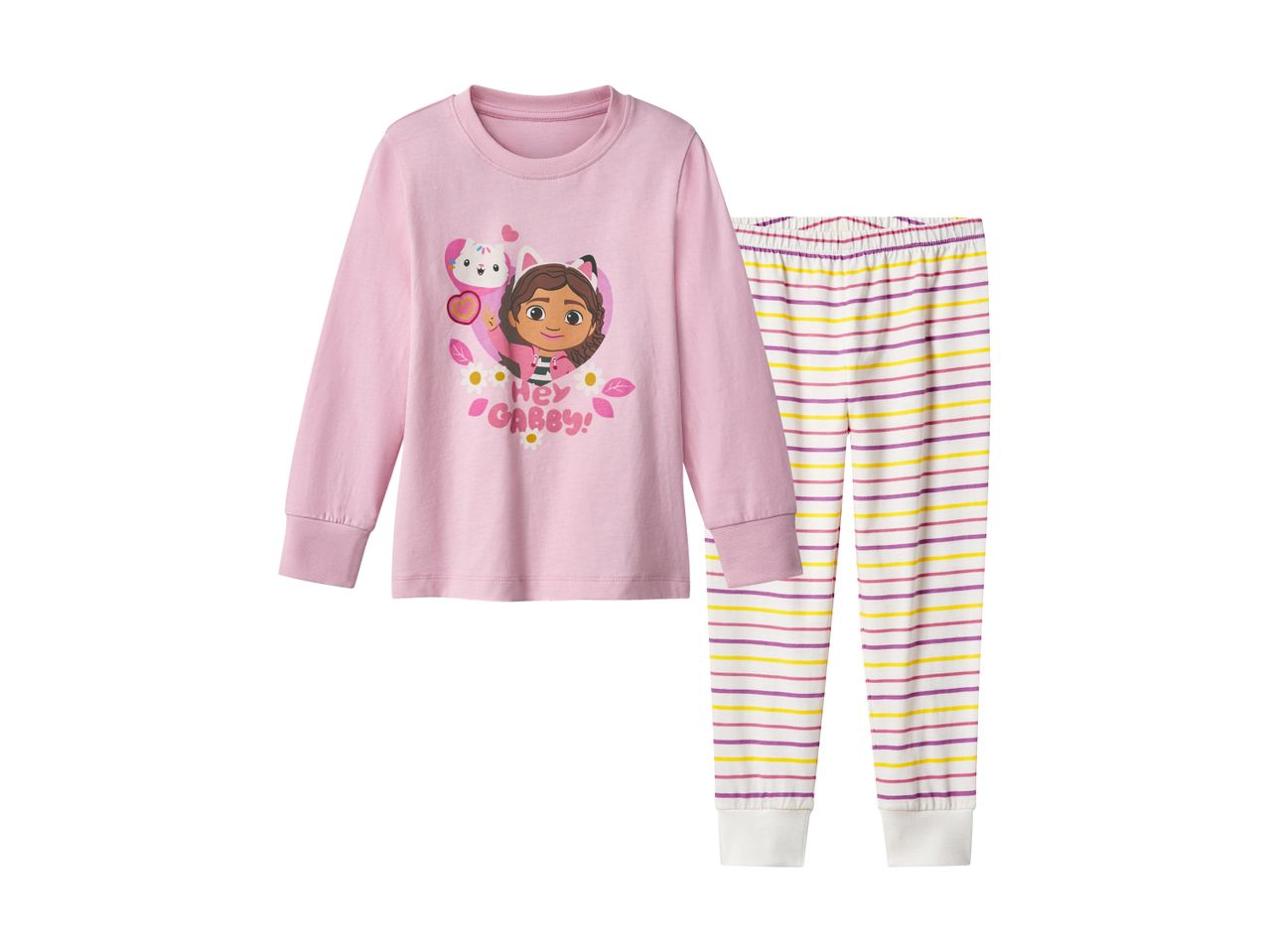 Pink long-sleeved pajama top with a Gabby's Dollhouse character print and striped pajama bottoms.