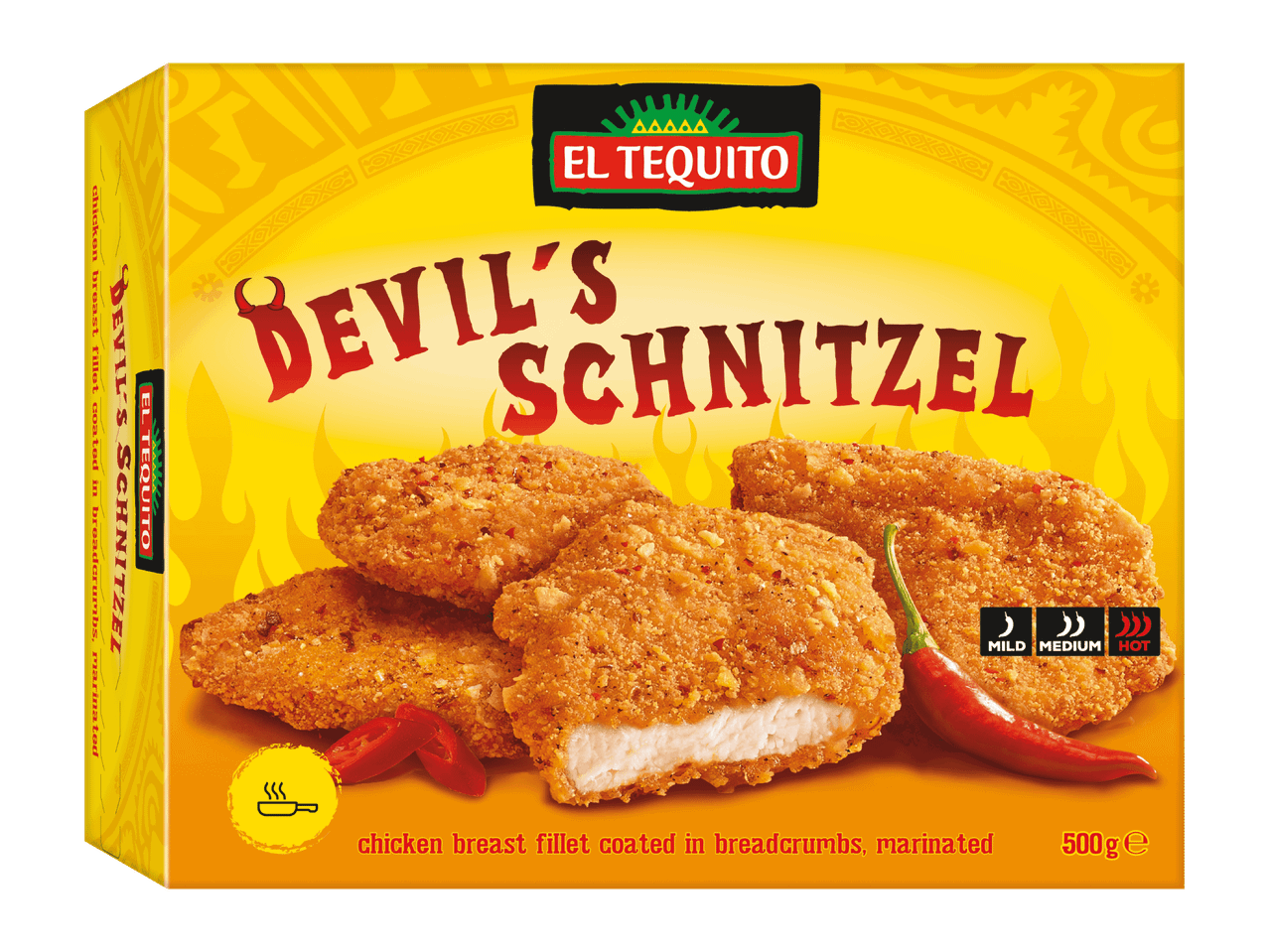 El Tequito Devil's Schnitzel -kananleikkeet pakattuna, chilillä ja paistinpannukuvakkeella.