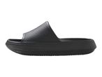 A single black slide sandal with a textured surface, viewed from the side.