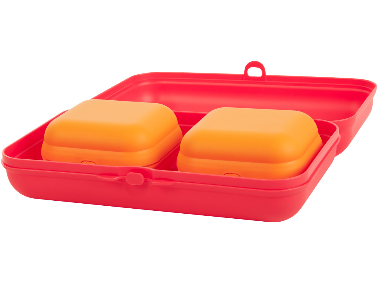 Rožinė pietų dėžutė su dviem oranžiniais indeliais.