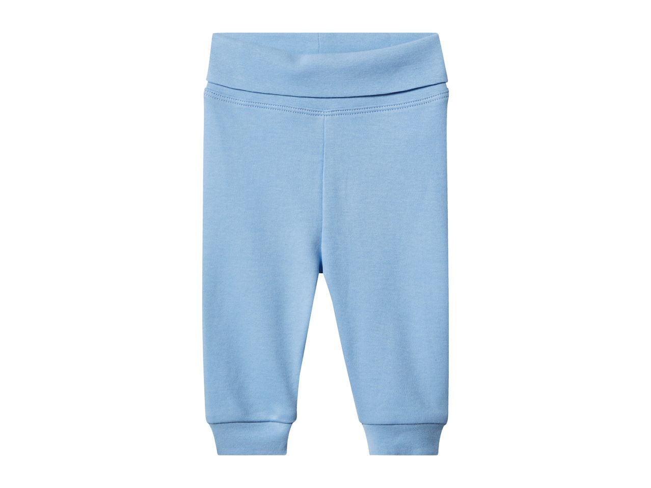 Light blue baby trousers with a wide, foldable waistband and ribbed cuffs.