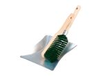A dustpan and brush set with a wooden handle and green bristles.