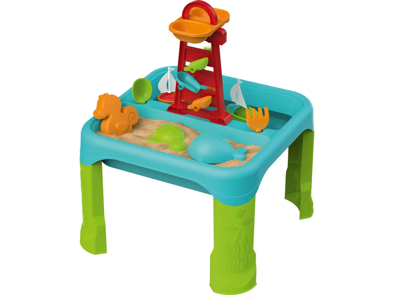 Colorful sand and water play table with a water tower, sand molds, and toy boats.