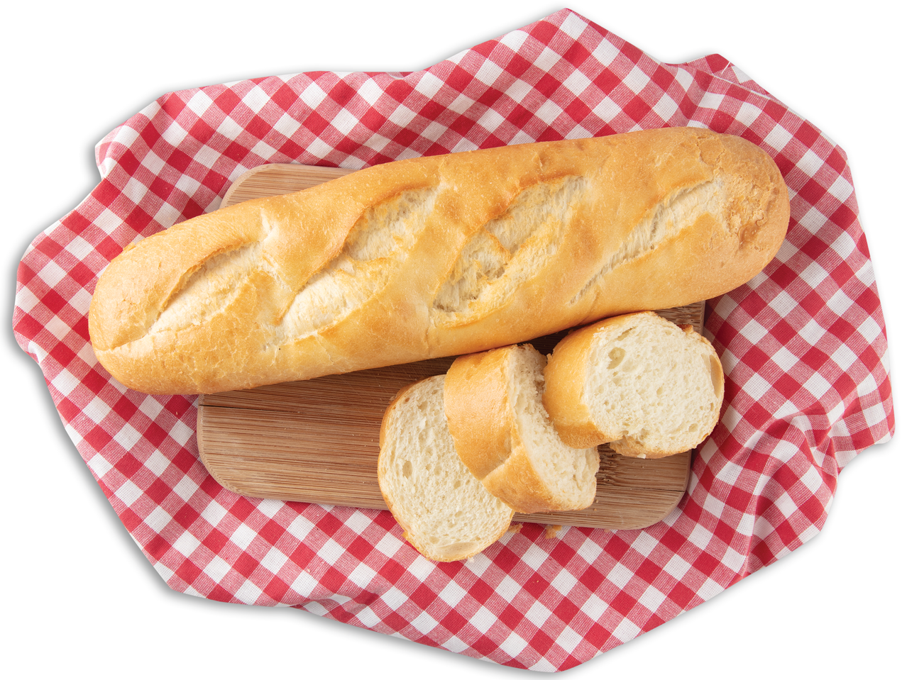 Baget i narezana baget na dasci, crveno-bijela karirana salveta.