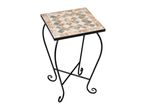 Mosaic-top table with a metal stand.