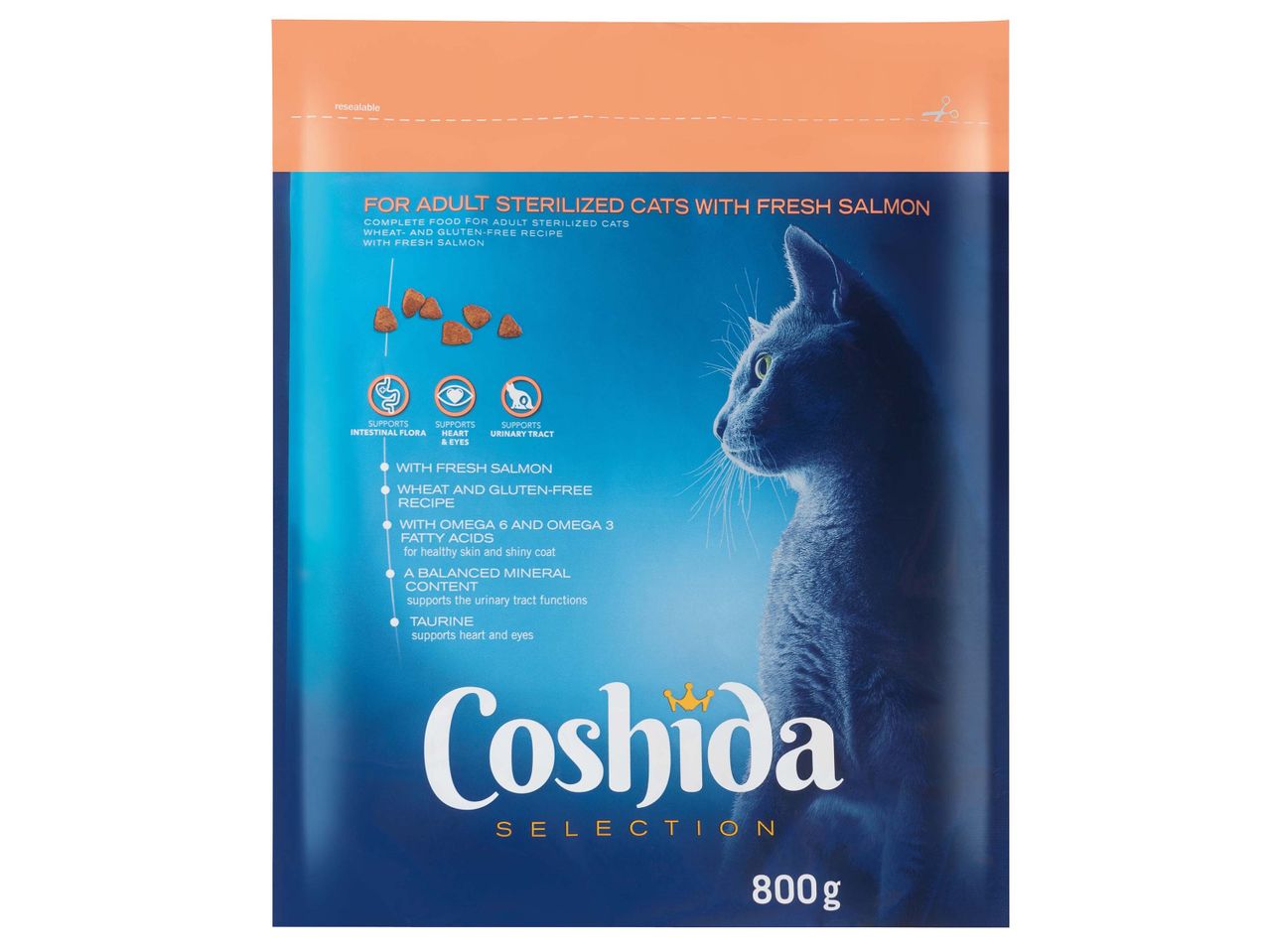 Coshida Selection: lazaccal ízesített, búza- és gluténmentes eledel ivartalanított felnőtt macskáknak.