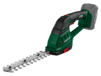 Akkumulátoros sövényvágó zöld és fekete színben, fém pengékkel és szürke akkumulátorral.