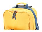 Close-up of a yellow backpack with blue straps and zipper pulls, featuring a top handle.