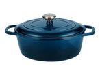Blue enameled cast iron Dutch oven with lid and silver knob