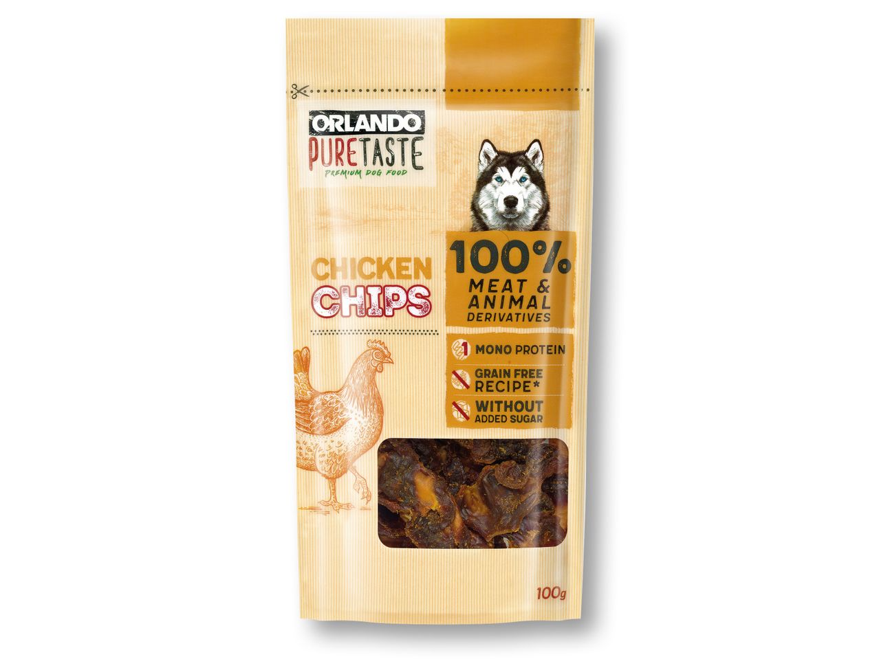 Orlando PureTaste пилешки чипсове за кучета, 100% месо и животински производни.