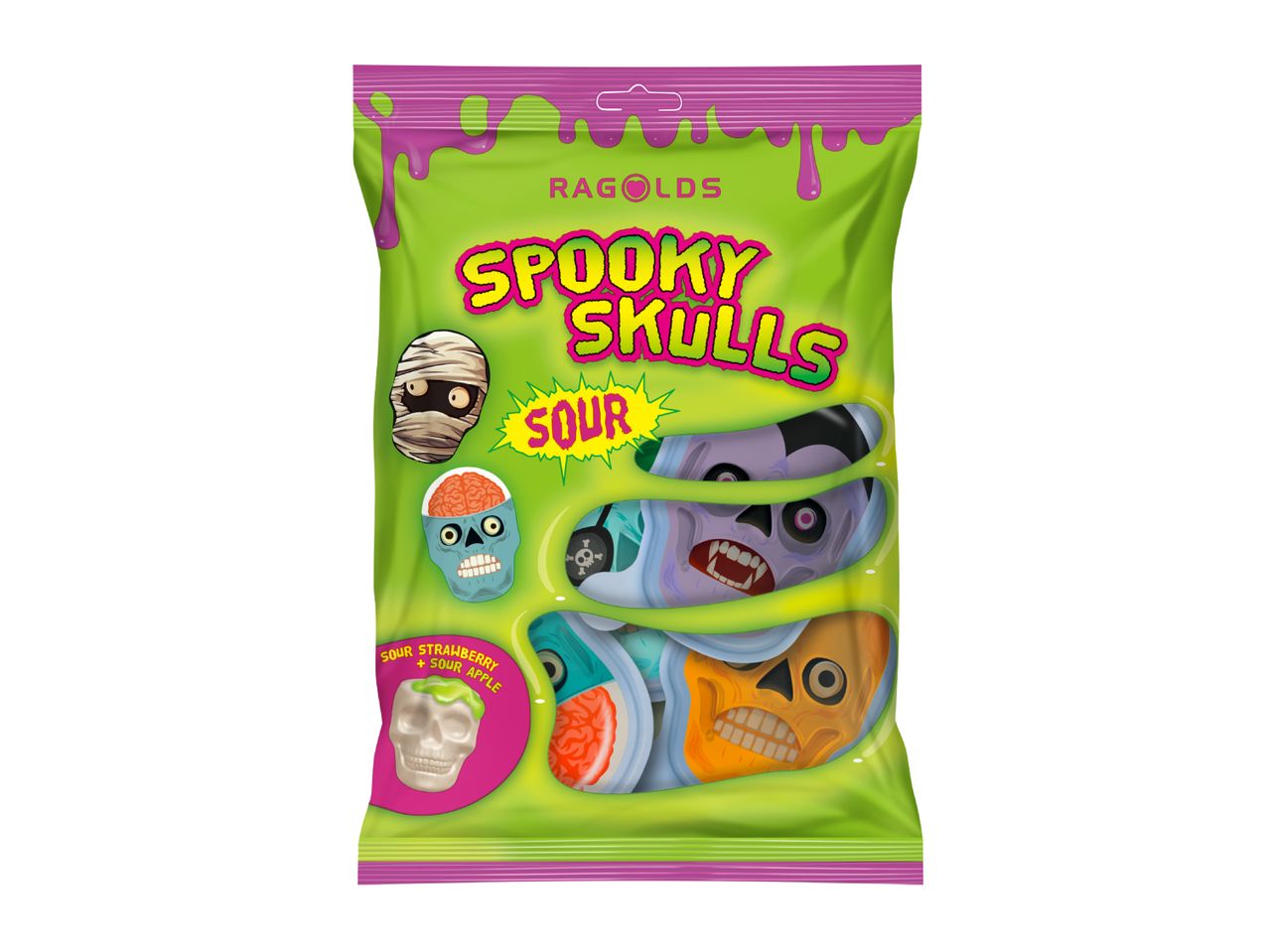 A bag of sour strawberry and apple flavored Spooky Skulls Halloween gummy candies.
