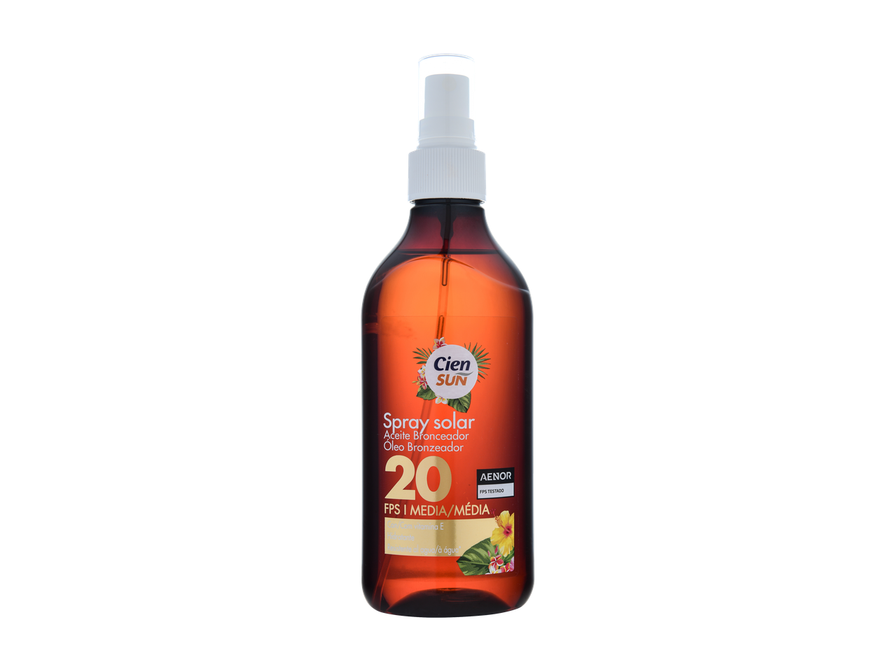 Cien Sun Óleo Solar Spray FPS 20, com vitamina E e resistente à água.