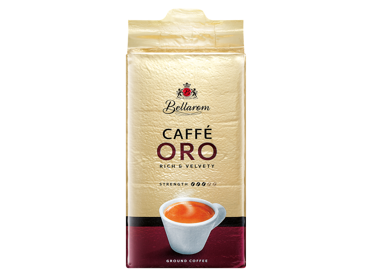 Пакет мляно кафе с надпис „CAFFÈ ORO RICH & VELVETY“ и чаша кафе.