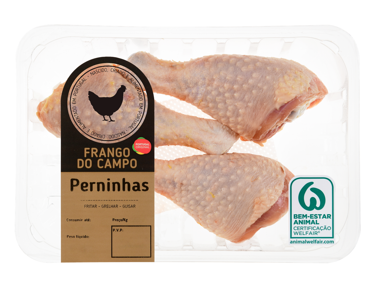 Embalagem de perninhas de frango cruas com rótulo indicando origem e métodos de cozedura.