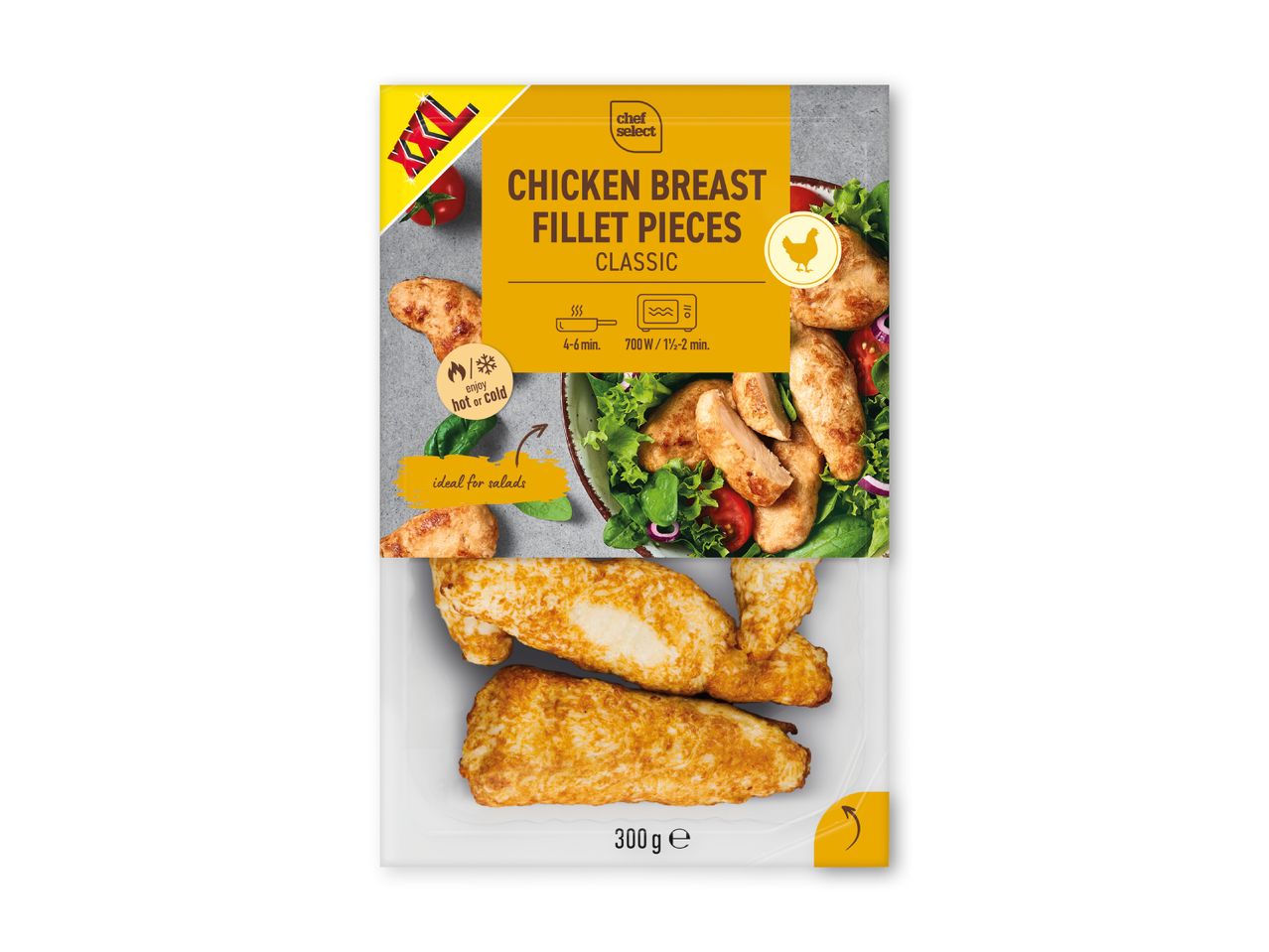 Emballage til kyllingebrystfiletstykker, klassisk, 300g, kan nydes varmt eller koldt, ideel til salater.