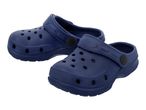 Pair of navy blue clogs with ventilation holes and adjustable heel straps