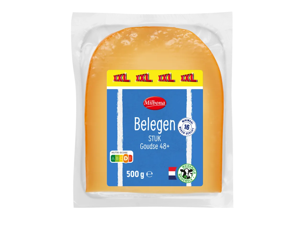Milbona Gouda belegen kaasblok, 500g, met Nutri-score A en XXL-label.